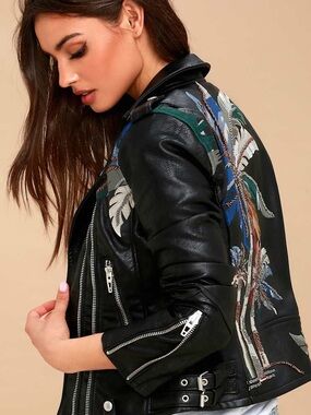Blank NYC Black Faux Leather Jacket with Blue & Green Embroidered Palm Design